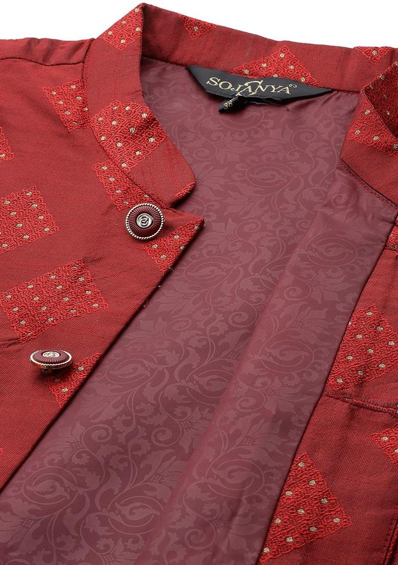 Maroon Solid Poly Blend Kurta Set For Men