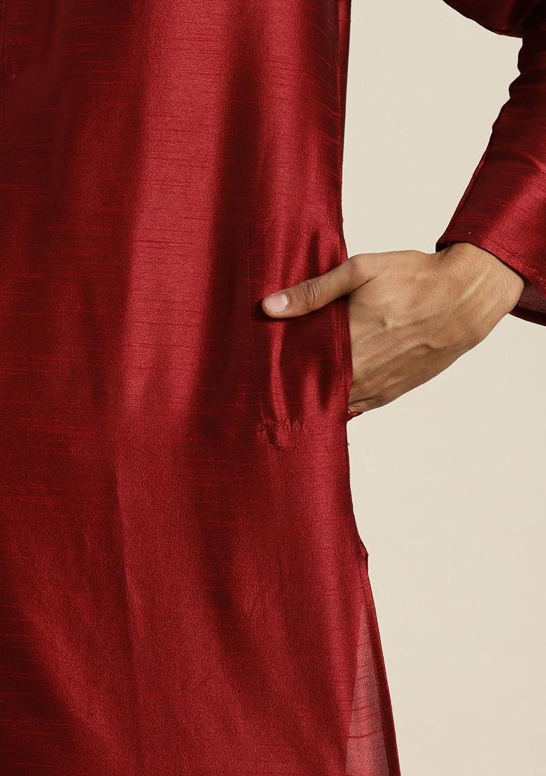 Maroon Solid Poly Blend Kurta Set For Men