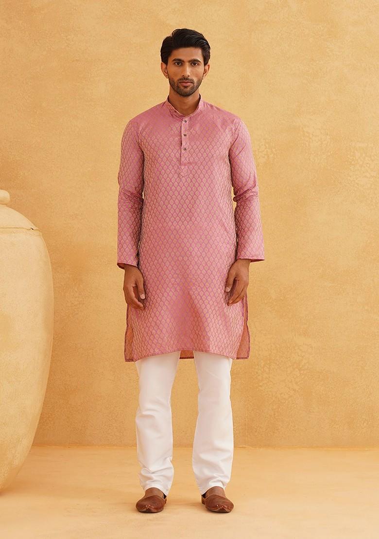 Pink Ethnic Motifs Poly Blend Kurta Set For Men