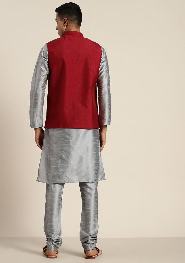 Grey Solid Poly Blend Kurta Set For Men