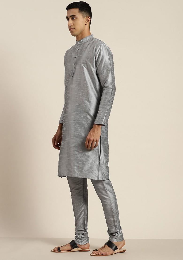 Grey Solid Poly Blend Kurta Set For Men