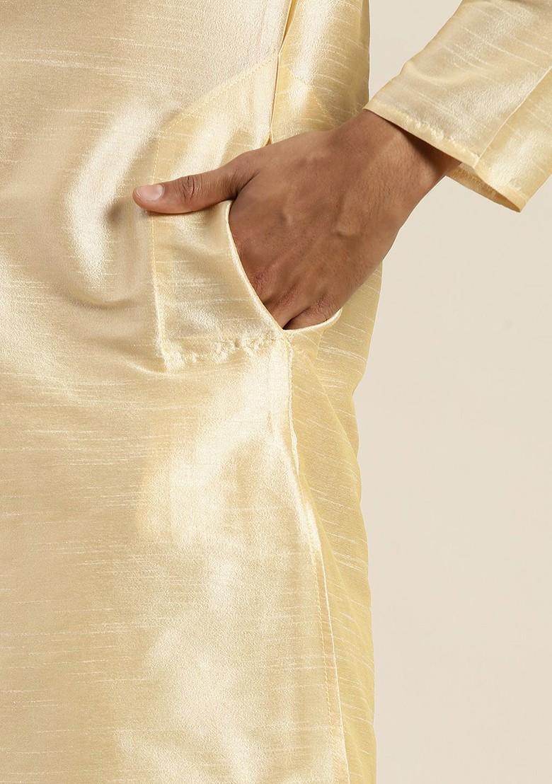 Gold Solid Poly Blend Kurta Set For Men