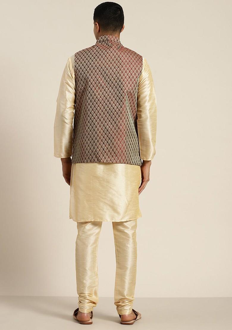 Gold Solid Poly Blend Kurta Set For Men