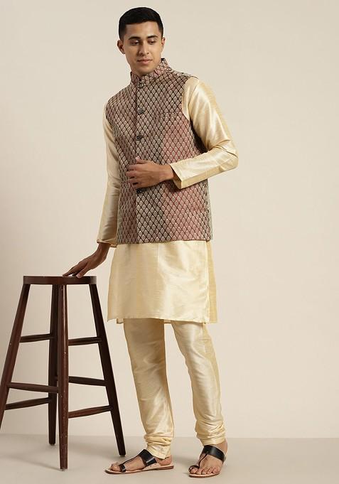 Gold Solid Poly Blend Kurta Set For Men