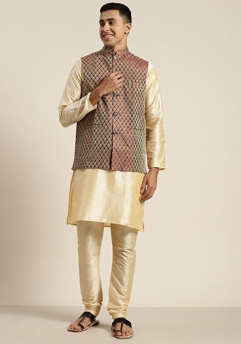 Gold Solid Poly Blend Kurta Set For Men