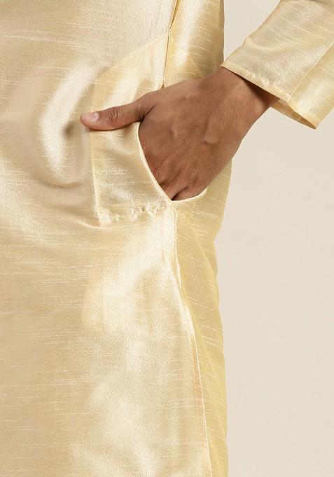 Gold Solid Poly Blend Kurta Set For Men