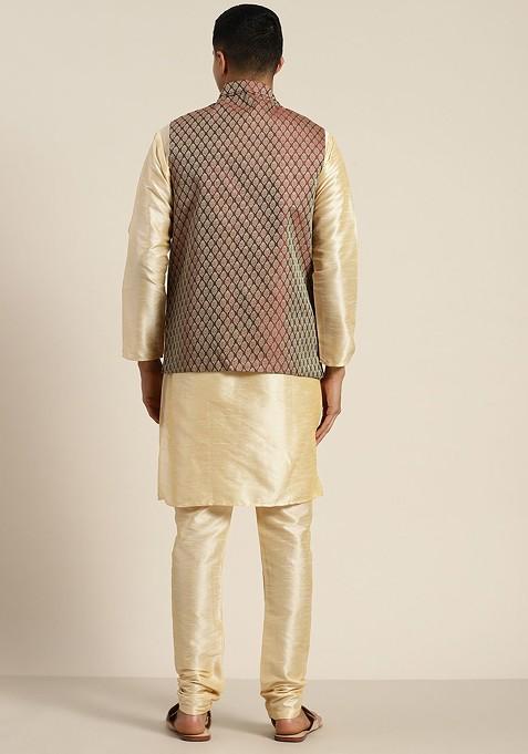 Gold Solid Poly Blend Kurta Set For Men
