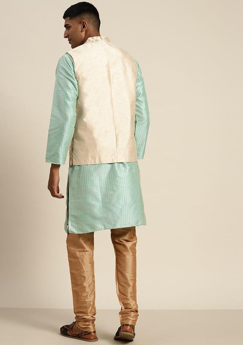Sea Green Striped Poly Blend Kurta Set For Men