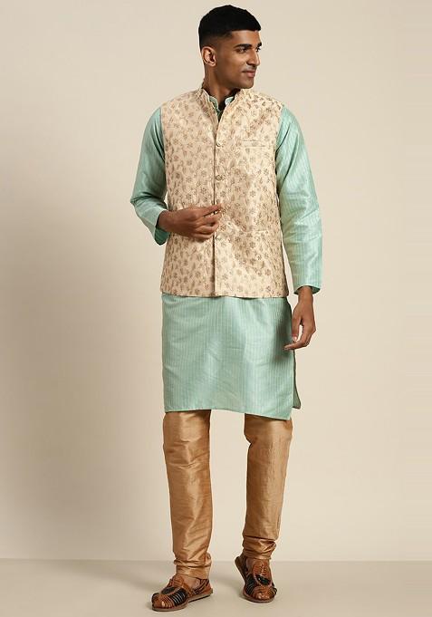 Sea Green Striped Poly Blend Kurta Set For Men