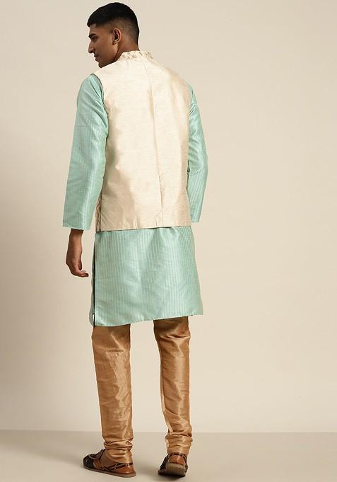 Sea Green Striped Poly Blend Kurta Set For Men
