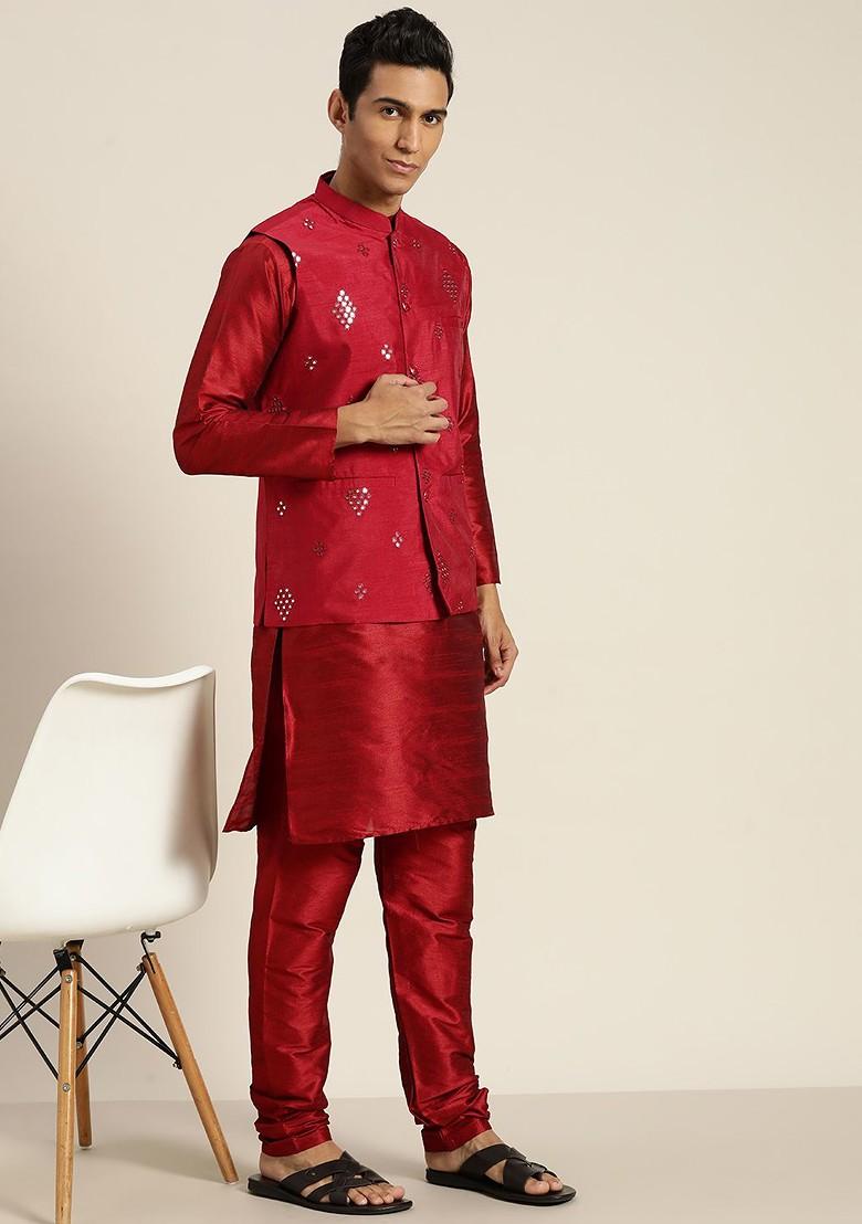 Maroon Solid Poly Blend Kurta Set For Men