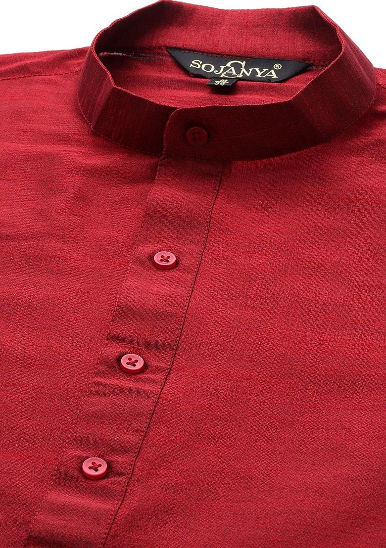 Maroon Solid Poly Blend Kurta Set For Men