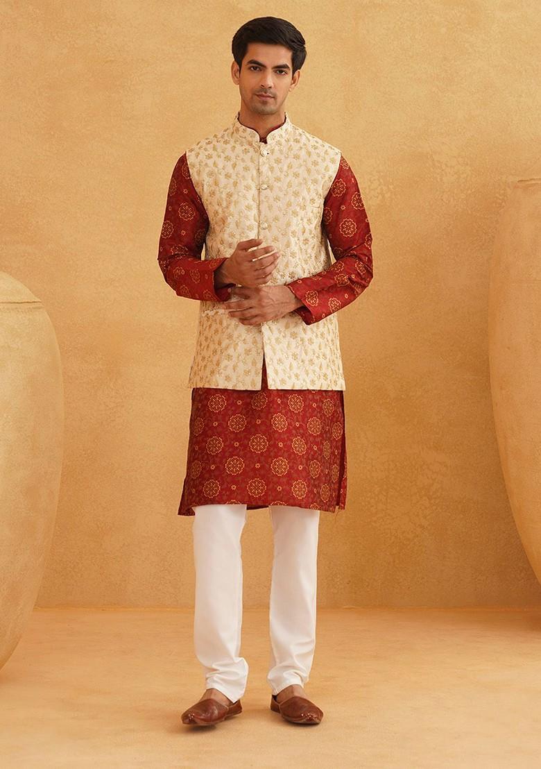 Maroon Ethnic Motifs Poly Blend Kurta Set For Men