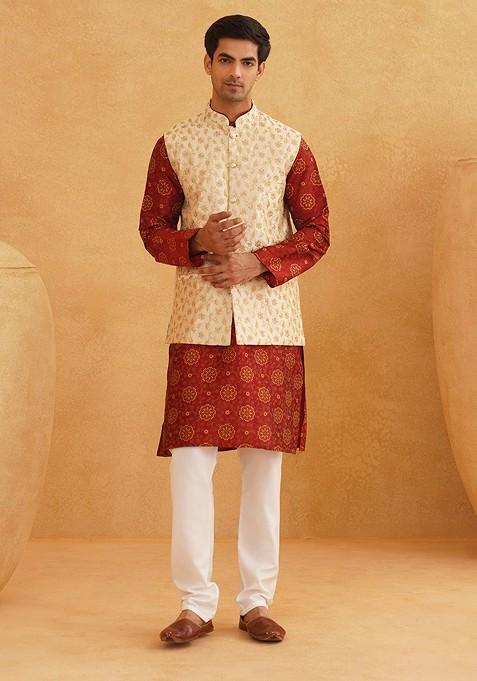Maroon Ethnic Motifs Poly Blend Kurta Set For Men
