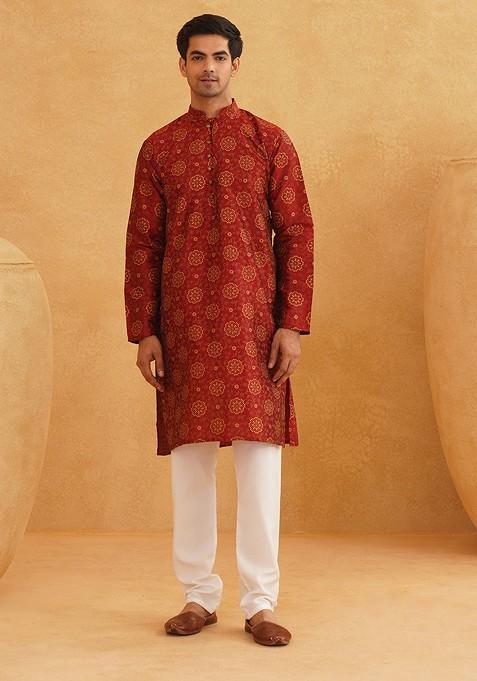 Maroon Ethnic Motifs Poly Blend Kurta Set For Men