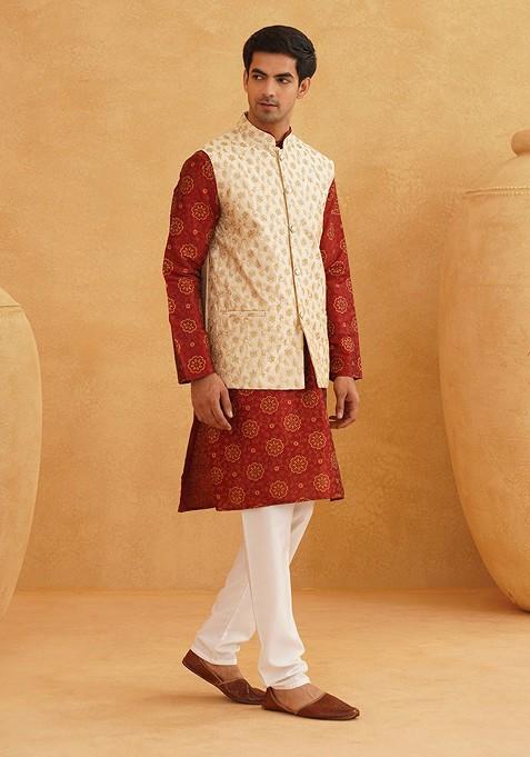 Maroon Ethnic Motifs Poly Blend Kurta Set For Men