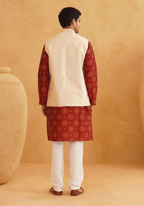 Maroon Ethnic Motifs Poly Blend Kurta Set For Men