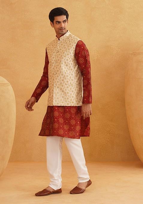 Maroon Ethnic Motifs Poly Blend Kurta Set For Men