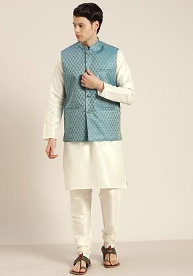 Off White Solid Poly Blend Kurta Set For Men