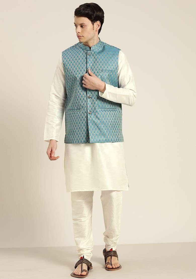Off White Solid Poly Blend Kurta Set For Men - Indya