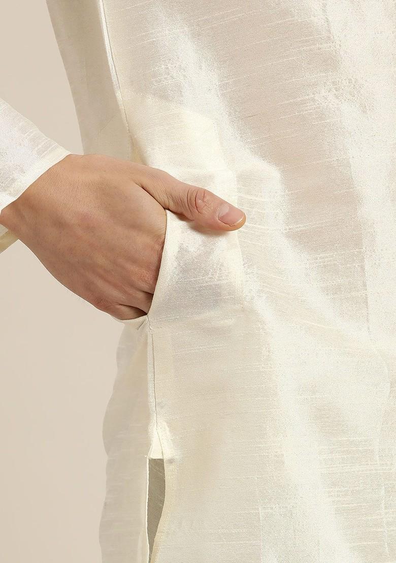 Off White Solid Poly Blend Kurta Set For Men