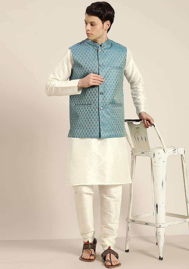 Off White Solid Poly Blend Kurta Set For Men - Indya