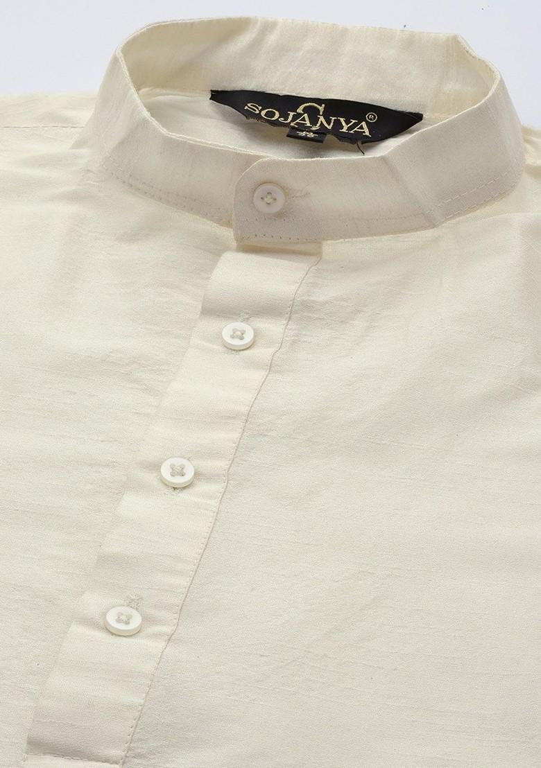 Off White Solid Poly Blend Kurta Set For Men
