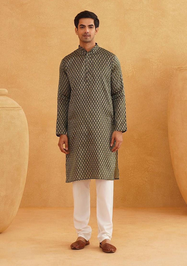 Green Ethnic Motifs Poly Blend Kurta Set For Men