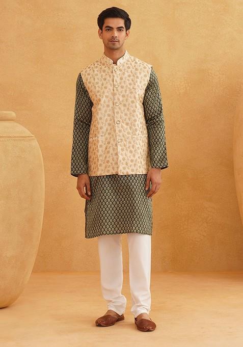 Green Ethnic Motifs Poly Blend Kurta Set For Men