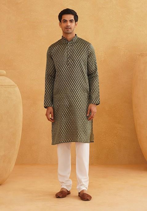 Green Ethnic Motifs Poly Blend Kurta Set For Men