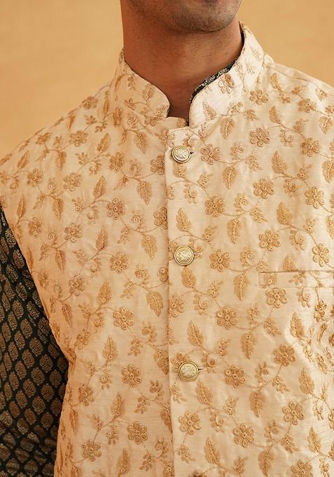 Green Ethnic Motifs Poly Blend Kurta Set For Men