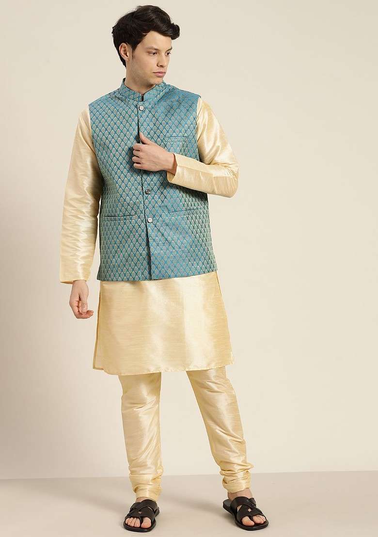Cream Solid Cotton Kurta Set For Men - Indya