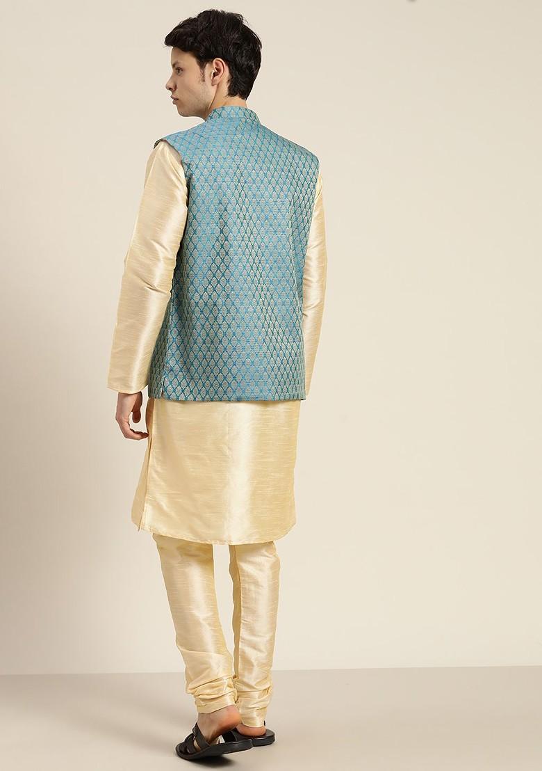 Cream Solid Cotton Kurta Set For Men