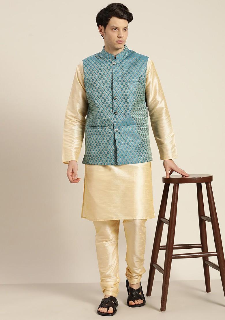 Cream Solid Cotton Kurta Set For Men