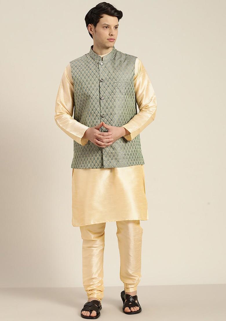 Gold Solid Poly Blend Kurta Set For Men