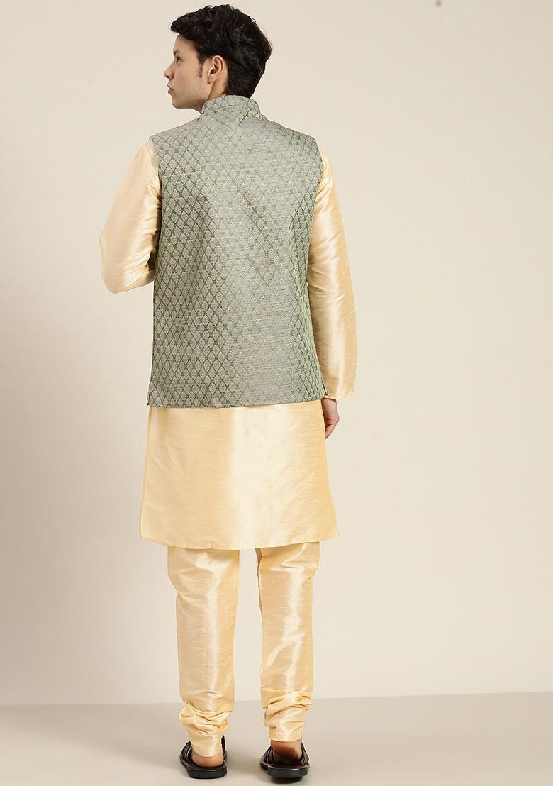 Gold Solid Poly Blend Kurta Set For Men