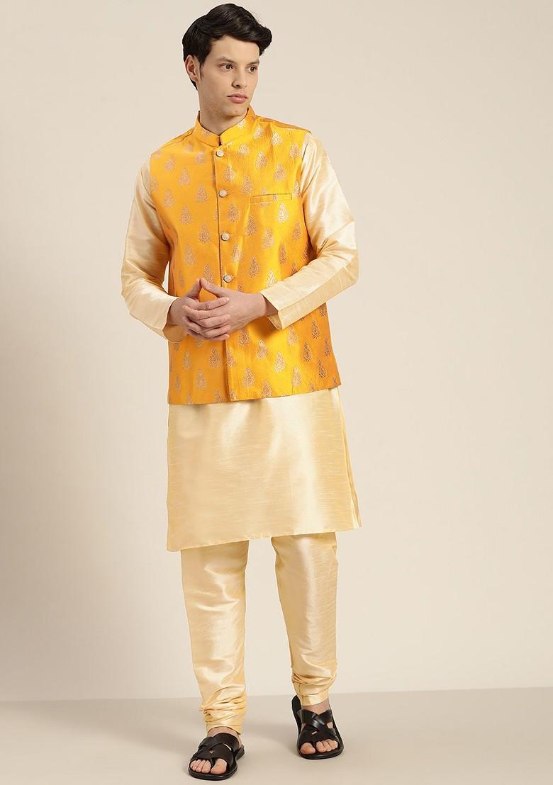 Beige Solid Cotton Kurta Set For Men