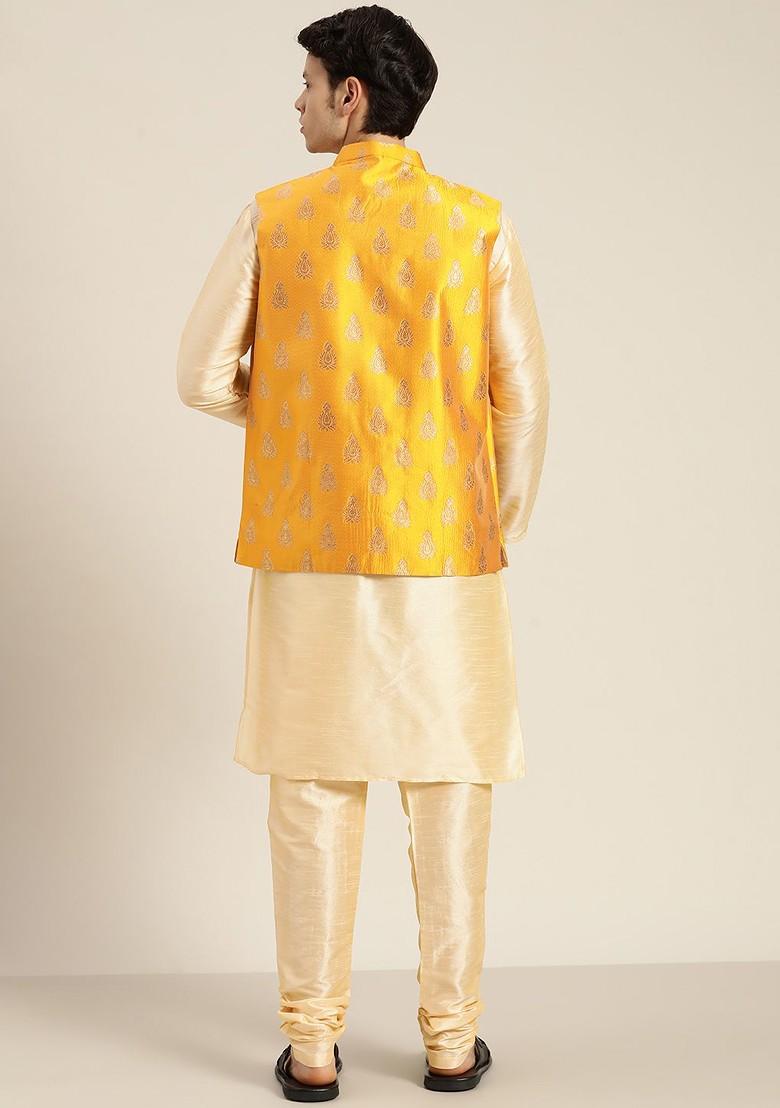 Beige Solid Cotton Kurta Set For Men
