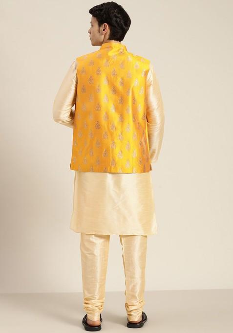 Beige Solid Cotton Kurta Set For Men