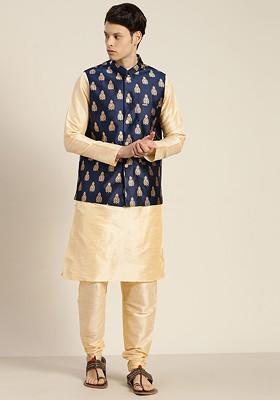 Beige Solid Cotton Kurta Set For Men