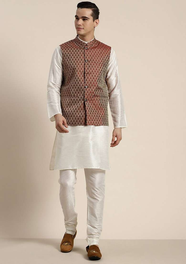 Off White Solid Poly Blend Kurta Set For Men - Indya