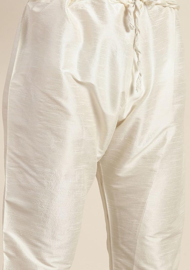 Off White Solid Poly Blend Kurta Set For Men
