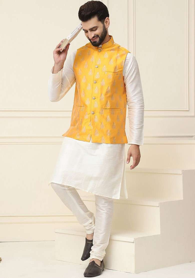 Off White Solid Poly Blend Kurta Set For Men - Indya