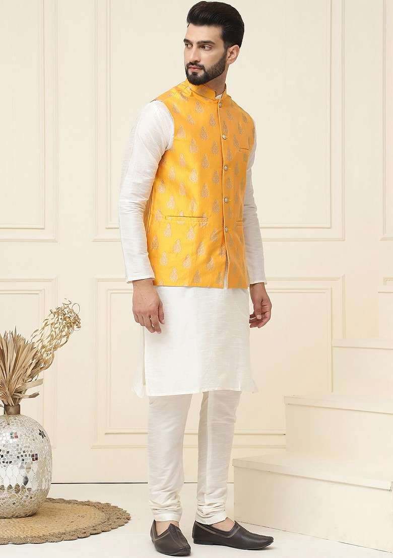 Off White Solid Poly Blend Kurta Set For Men - Indya