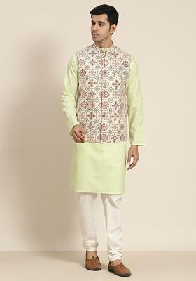 Green Printed Poly Blend Kurta Set For Men