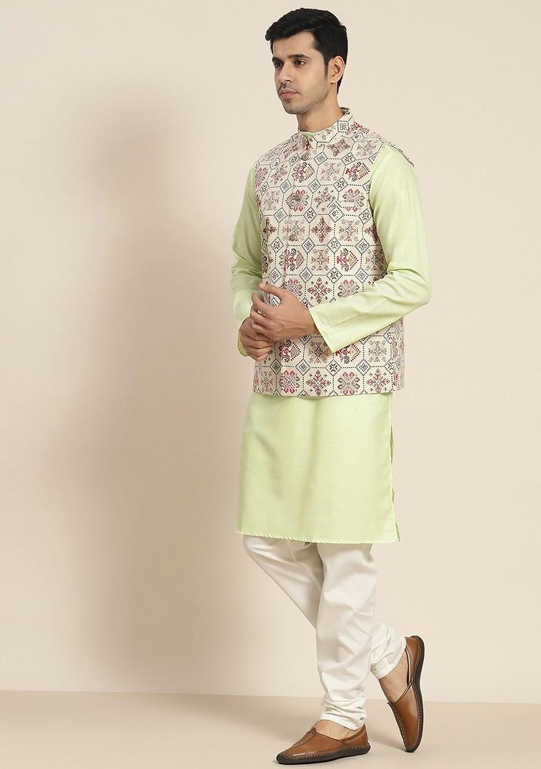 Green Printed Poly Blend Kurta Set For Men