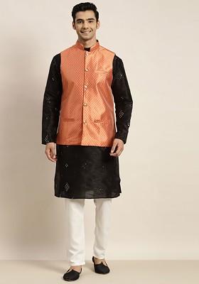 Black Mirror Work Poly Blend Kurta Set For Men