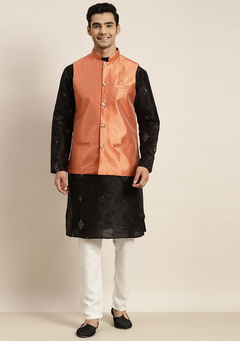 Black Mirror Work Poly Blend Kurta Set For Men