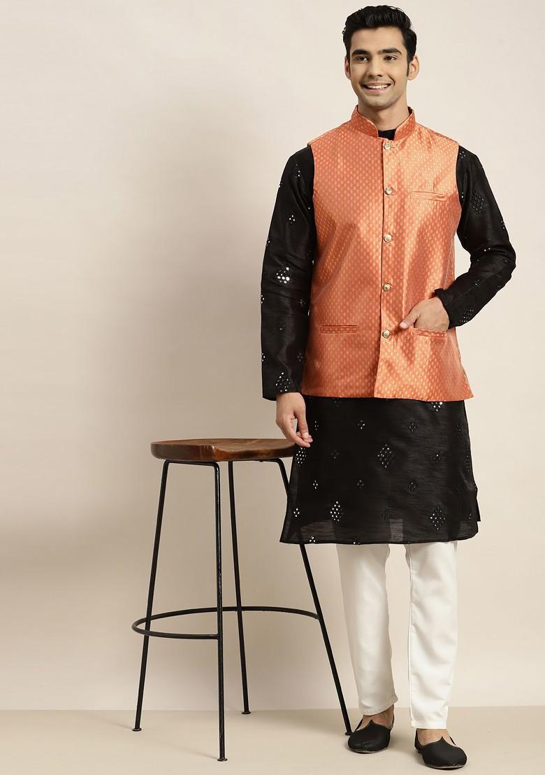Black Mirror Work Poly Blend Kurta Set For Men