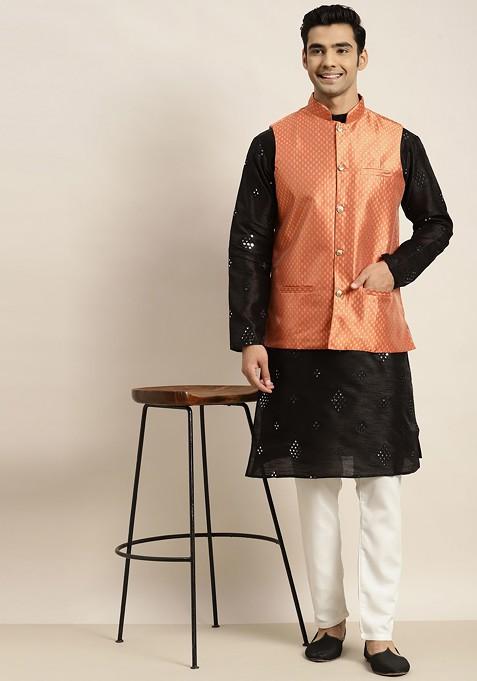 Black Mirror Work Poly Blend Kurta Set For Men